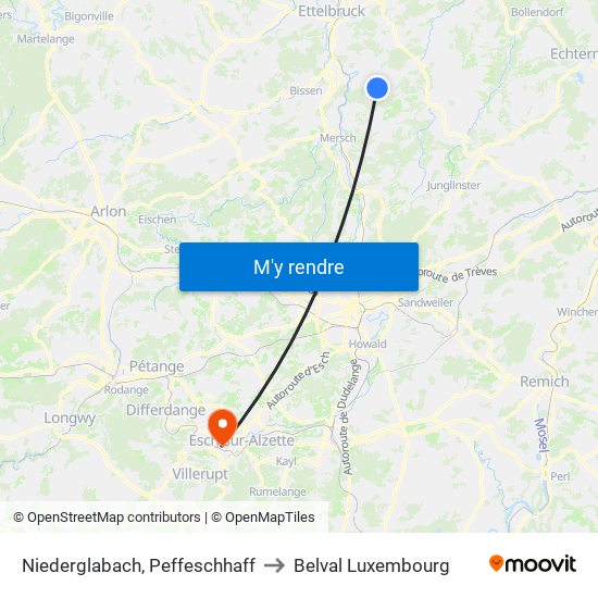 Niederglabach, Peffeschhaff to Belval Luxembourg map