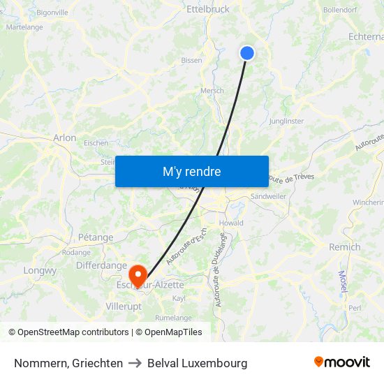Nommern, Griechten to Belval Luxembourg map