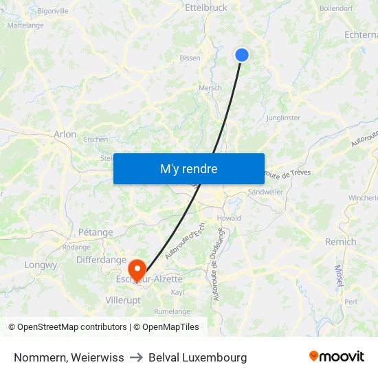 Nommern, Weierwiss to Belval Luxembourg map