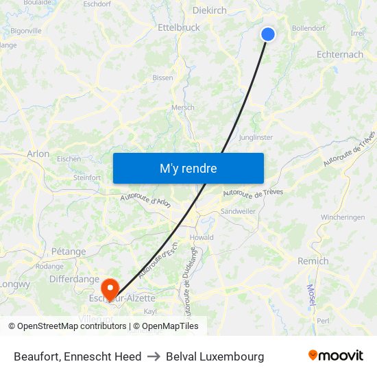 Beaufort, Ennescht Heed to Belval Luxembourg map