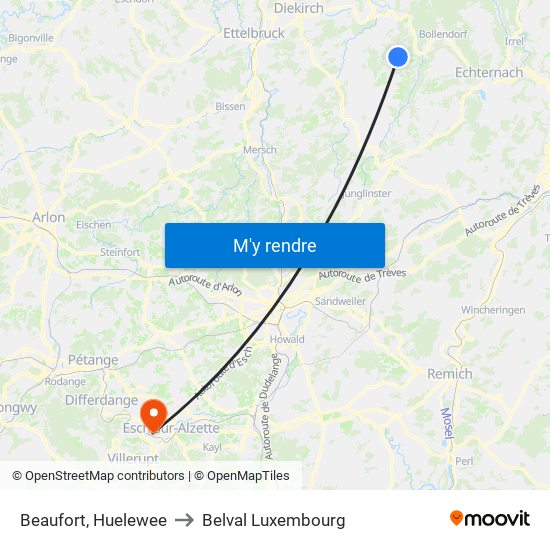 Beaufort, Huelewee to Belval Luxembourg map