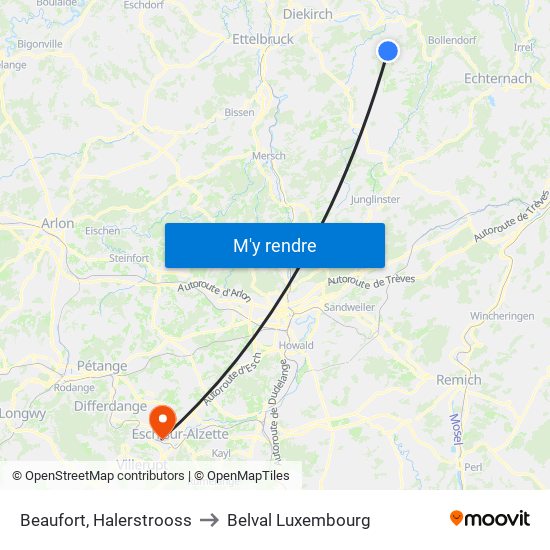 Beaufort, Halerstrooss to Belval Luxembourg map