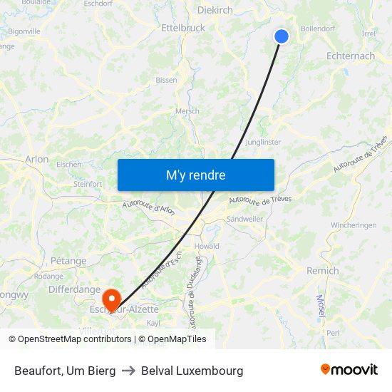Beaufort, Um Bierg to Belval Luxembourg map
