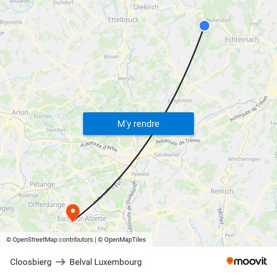 Cloosbierg to Belval Luxembourg map