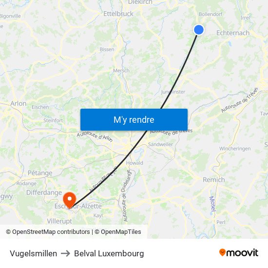 Vugelsmillen to Belval Luxembourg map