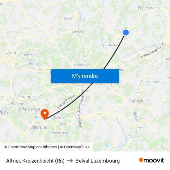 Altrier, Kreizenhéicht (Rn) to Belval Luxembourg map