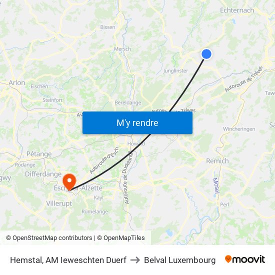Hemstal, AM Ieweschten Duerf to Belval Luxembourg map