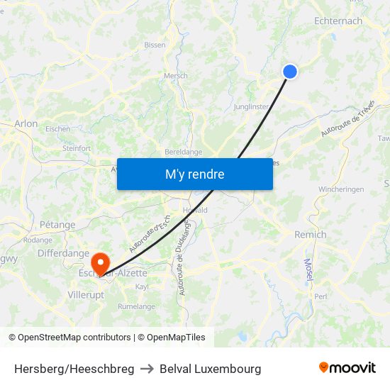 Hersberg/Heeschbreg to Belval Luxembourg map