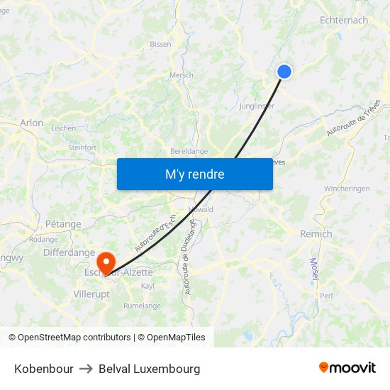 Kobenbour to Belval Luxembourg map