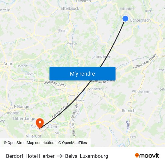 Berdorf, Hotel Herber to Belval Luxembourg map