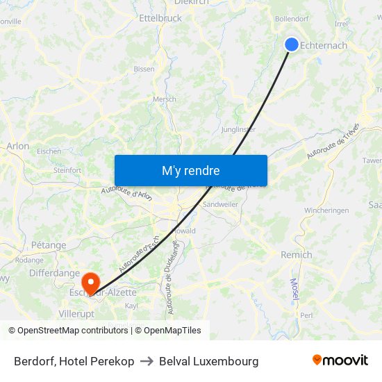 Berdorf, Hotel Perekop to Belval Luxembourg map