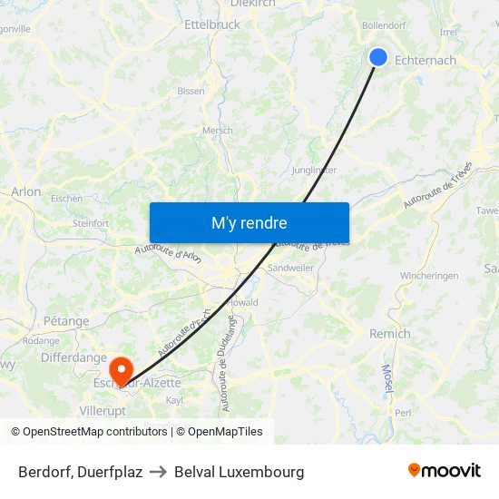 Berdorf, Duerfplaz to Belval Luxembourg map