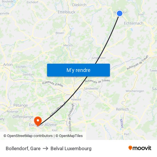 Bollendorf, Gare to Belval Luxembourg map