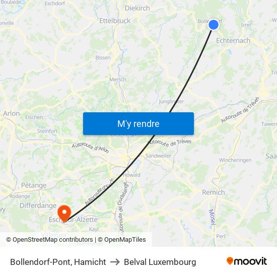 Bollendorf-Pont, Hamicht to Belval Luxembourg map