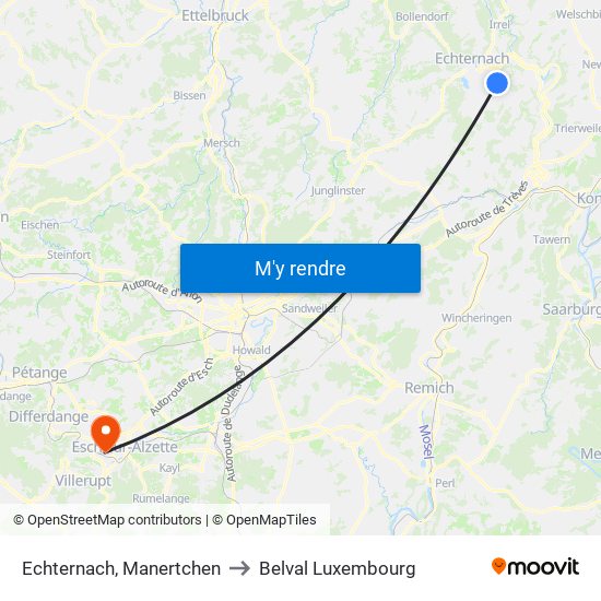 Echternach, Manertchen to Belval Luxembourg map