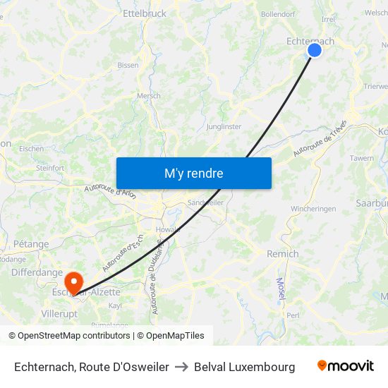 Echternach, Route D'Osweiler to Belval Luxembourg map