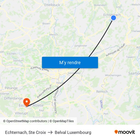 Echternach, Ste Croix to Belval Luxembourg map
