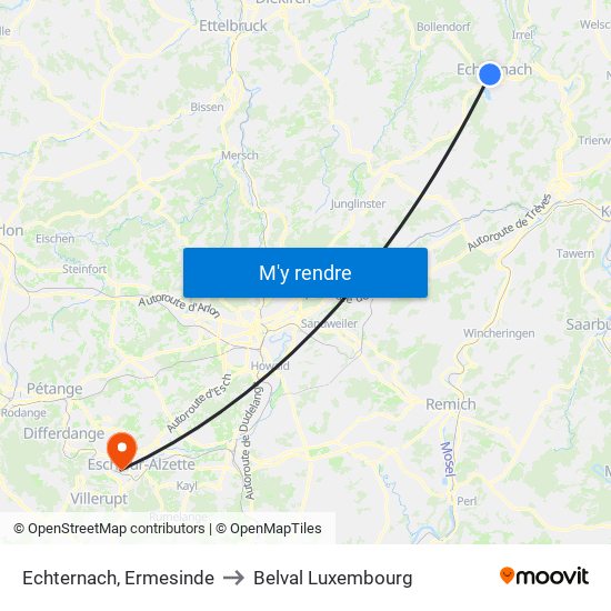 Echternach, Ermesinde to Belval Luxembourg map