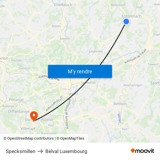 Specksmillen to Belval Luxembourg map