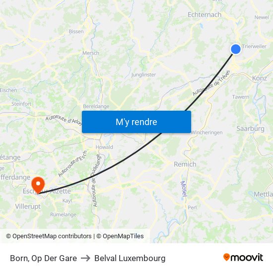 Born, Op Der Gare to Belval Luxembourg map