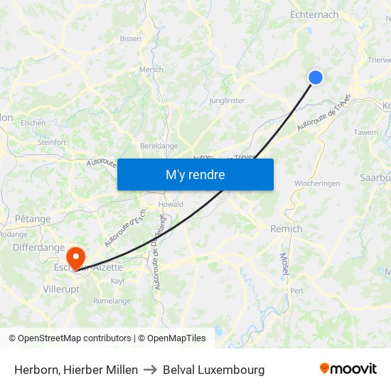 Herborn, Hierber Millen to Belval Luxembourg map