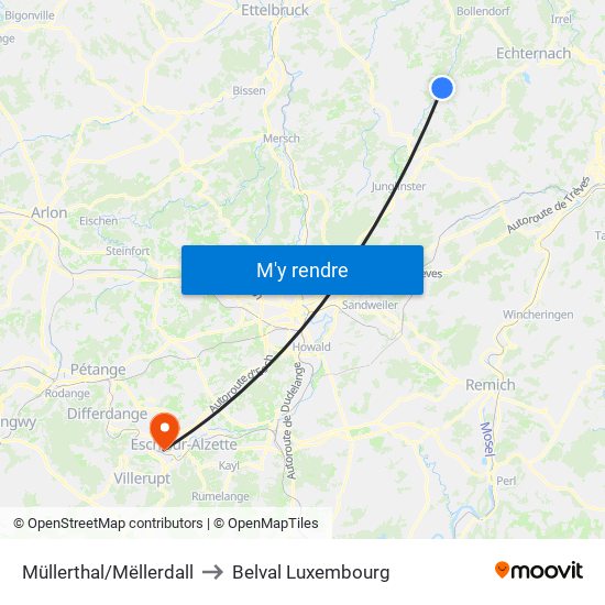 Müllerthal/Mëllerdall to Belval Luxembourg map