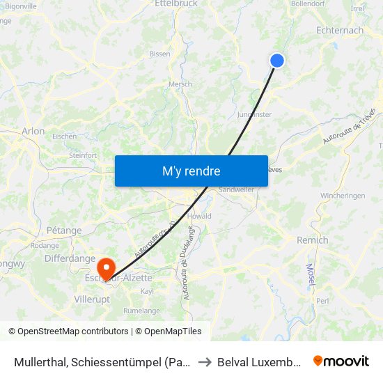 Mullerthal, Schiessentümpel (Parking) to Belval Luxembourg map