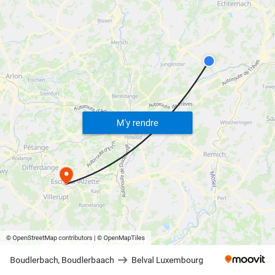 Boudlerbach, Boudlerbaach to Belval Luxembourg map