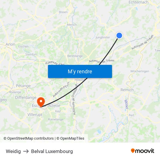 Weidig to Belval Luxembourg map