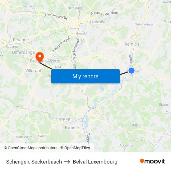 Schengen, Séckerbaach to Belval Luxembourg map