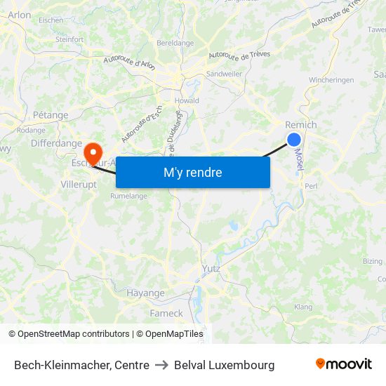 Bech-Kleinmacher, Centre to Belval Luxembourg map