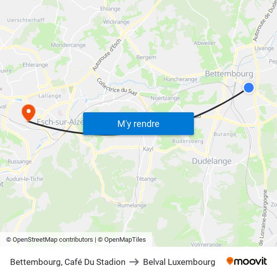 Bettembourg, Café Du Stadion to Belval Luxembourg map