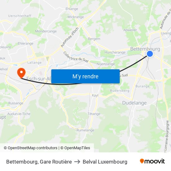 Bettembourg, Gare Routière to Belval Luxembourg map