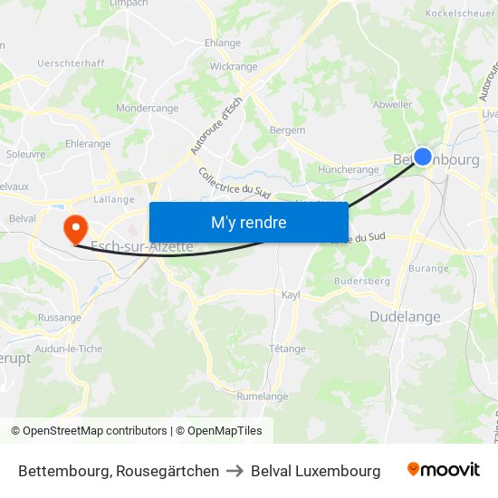 Bettembourg, Rousegärtchen to Belval Luxembourg map