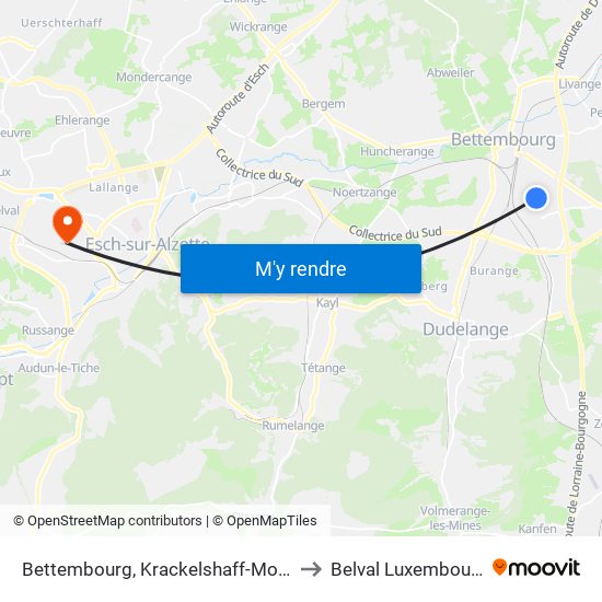 Bettembourg, Krackelshaff-Moog to Belval Luxembourg map