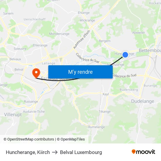 Huncherange, Kiirch to Belval Luxembourg map