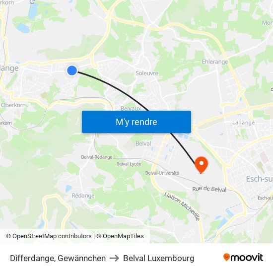 Differdange, Gewännchen to Belval Luxembourg map