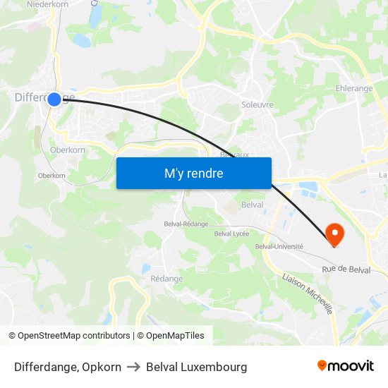 Differdange, Opkorn to Belval Luxembourg map