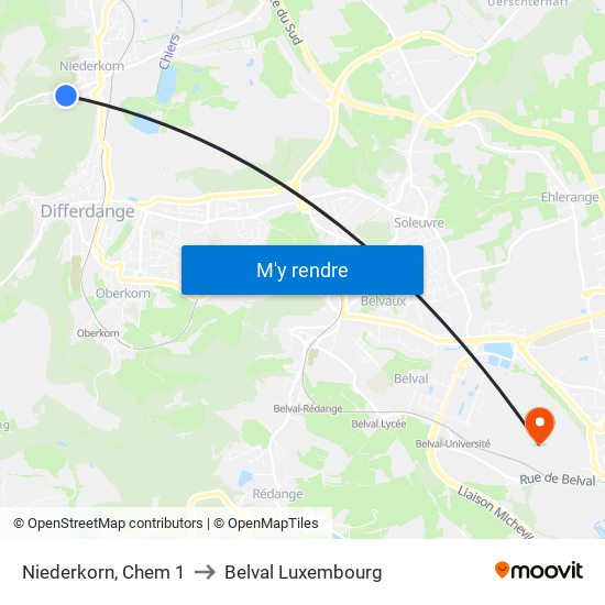 Niederkorn, Chem 1 to Belval Luxembourg map