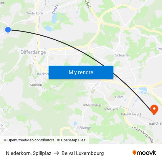 Niederkorn, Spillplaz to Belval Luxembourg map