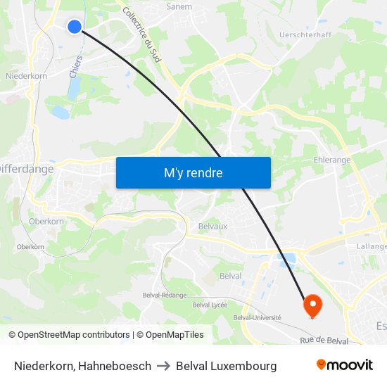 Niederkorn, Hahneboesch to Belval Luxembourg map