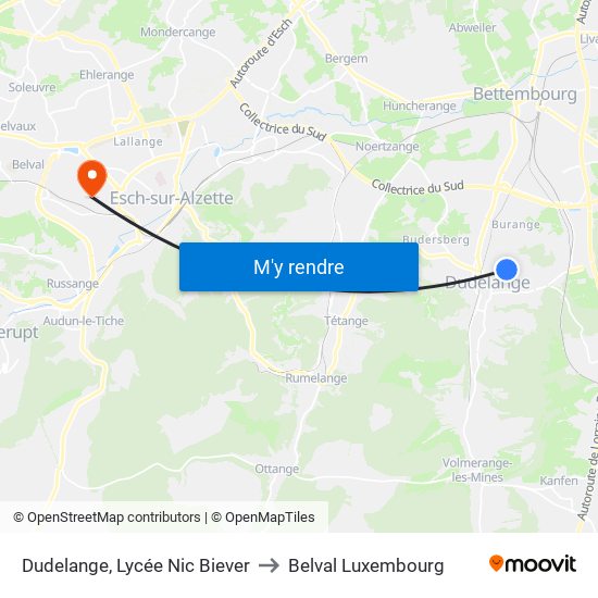 Dudelange, Lycée Nic Biever to Belval Luxembourg map