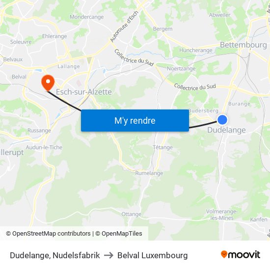 Dudelange, Nudelsfabrik to Belval Luxembourg map