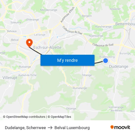 Dudelange, Scherrwee to Belval Luxembourg map