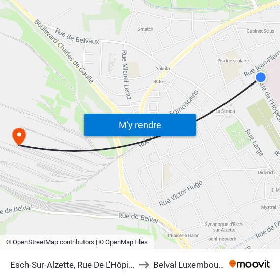 Esch-Sur-Alzette, Rue De L'Hôpital to Belval Luxembourg map