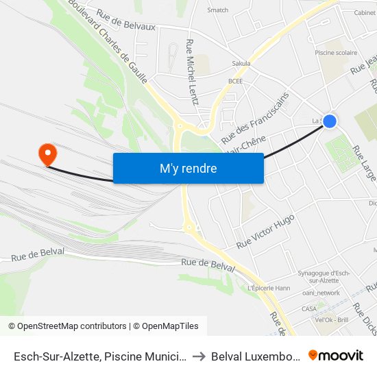 Esch-Sur-Alzette, Piscine Municipale to Belval Luxembourg map