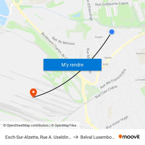 Esch-Sur-Alzette, Rue A. Useldinger to Belval Luxembourg map