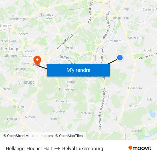 Hellange, Hoëner Halt to Belval Luxembourg map