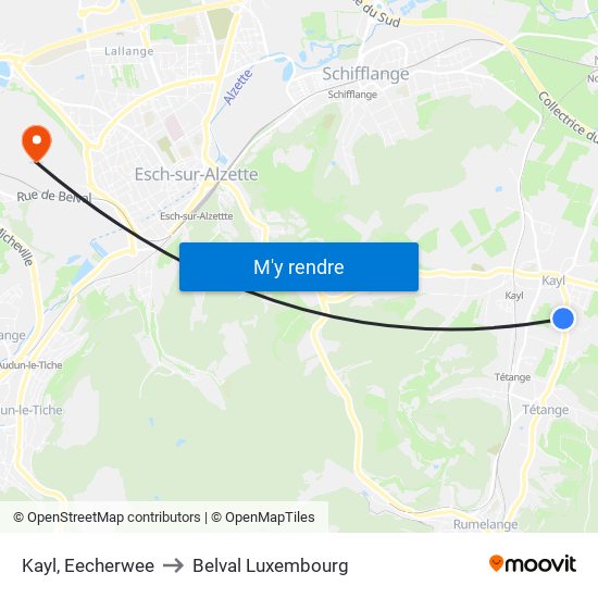 Kayl, Eecherwee to Belval Luxembourg map