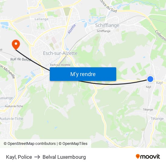 Kayl, Police to Belval Luxembourg map